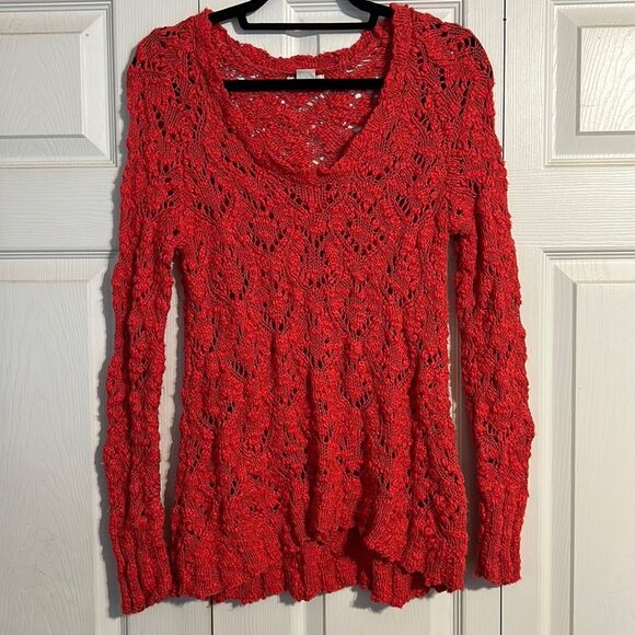 LUCKY  BRAND Size Small Open Crochet Pink Coral Tunic Sweater V-Neck Jewel Tone - Picture 1 of 6